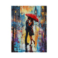 Romantic couple under a red umbrella cityscape canvas art for modern bedroom decor.