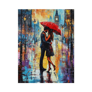 Romantic couple under a red umbrella cityscape canvas art for modern bedroom decor.