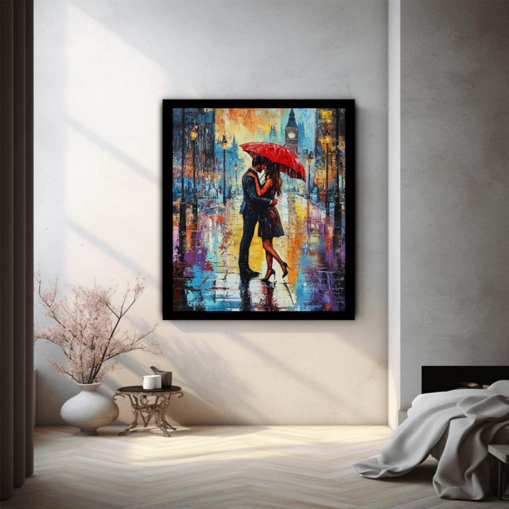 Romantic couple under a red umbrella cityscape canvas art for modern bedroom decor.