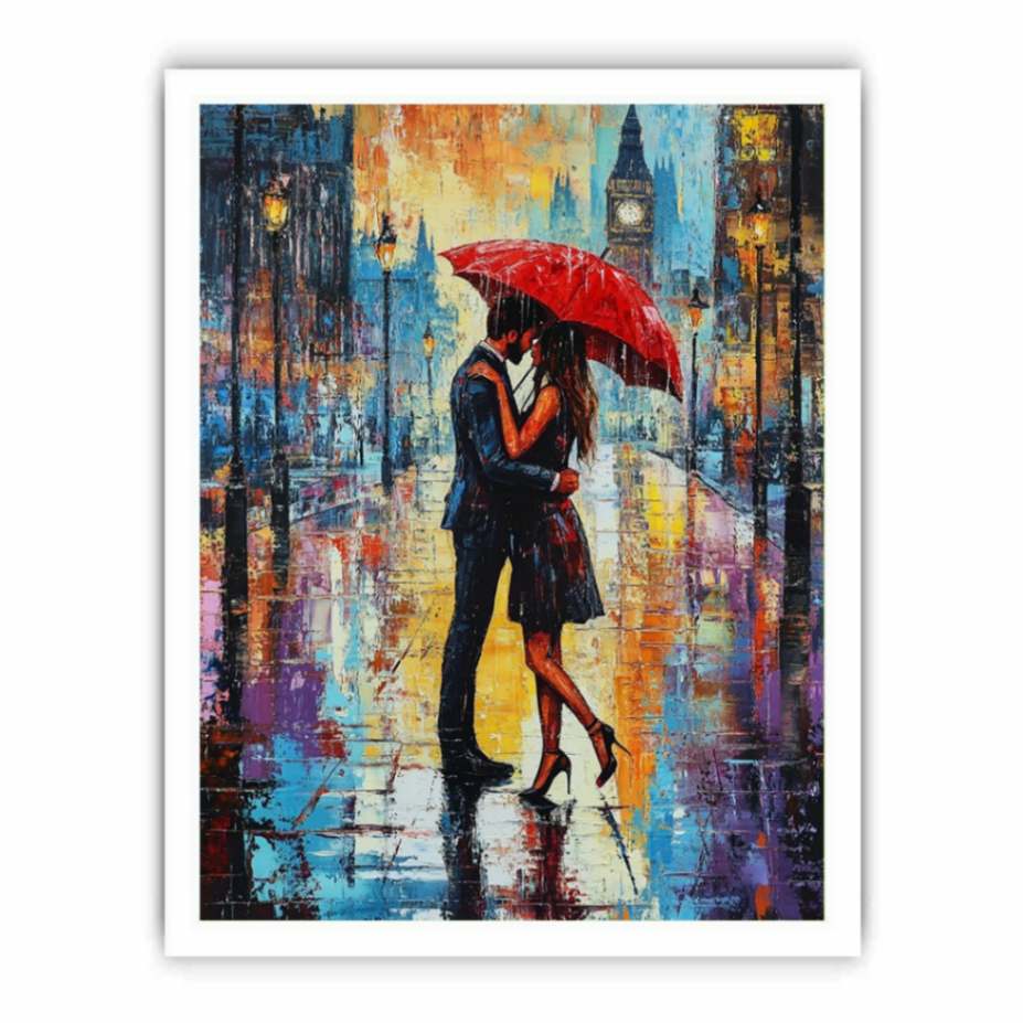 Romantic couple under a red umbrella cityscape canvas art for modern bedroom decor.