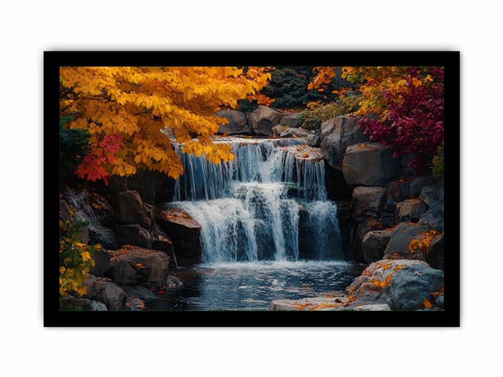 Autumn waterfall landscape canvas art with colorful foliage for living room decor.