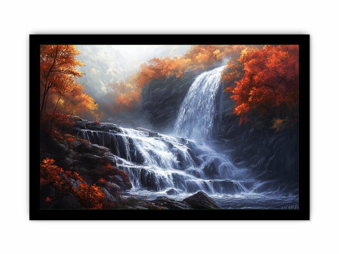 Large waterfall landscape canvas art with autumn forest colors for peaceful interior decor.