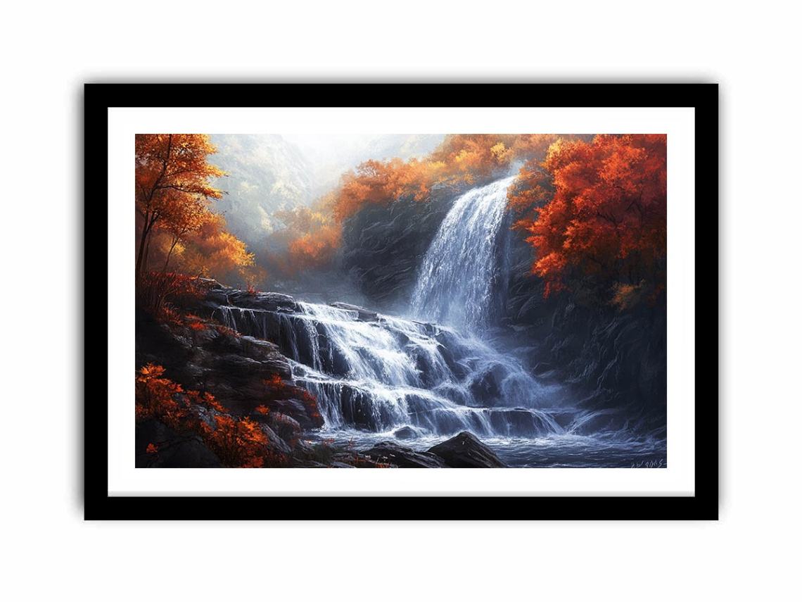 Large waterfall landscape canvas art with autumn forest colors for peaceful interior decor.