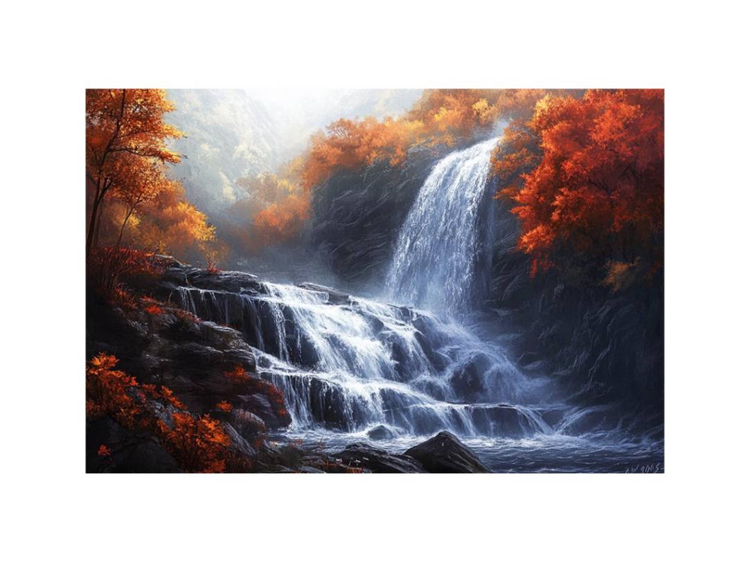 Large waterfall landscape canvas art with autumn forest colors for peaceful interior decor.