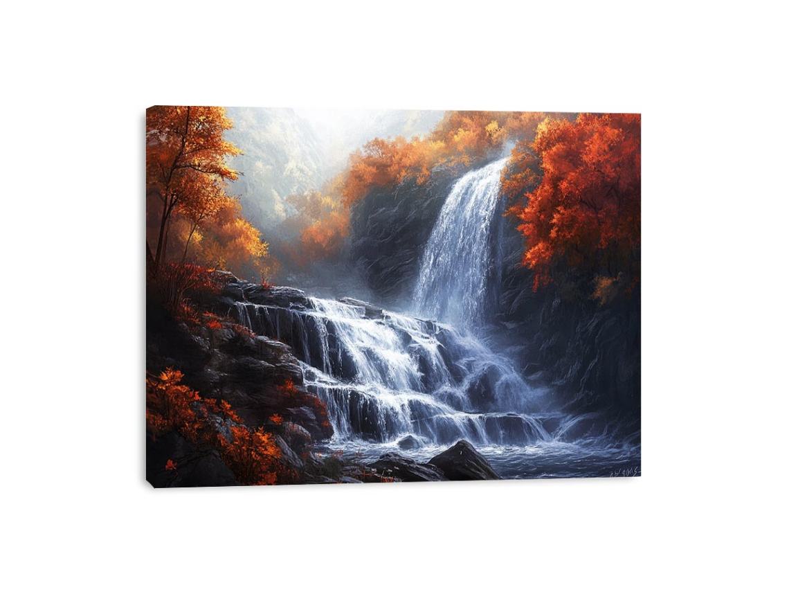 Large waterfall landscape canvas art with autumn forest colors for peaceful interior decor.