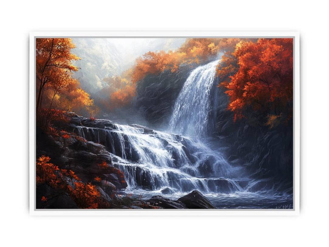 Large waterfall landscape canvas art with autumn forest colors for peaceful interior decor.