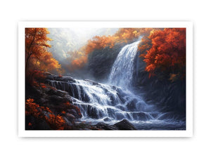 Large waterfall landscape canvas art with autumn forest colors for peaceful interior decor.