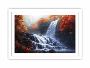 Large waterfall landscape canvas art with autumn forest colors for peaceful interior decor.