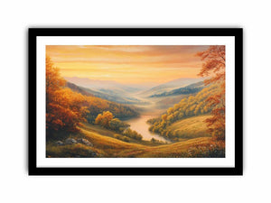 Golden valley landscape canvas art with river view for elegant living room decor.