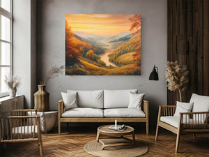 Golden valley landscape canvas art with river view for elegant living room decor.
