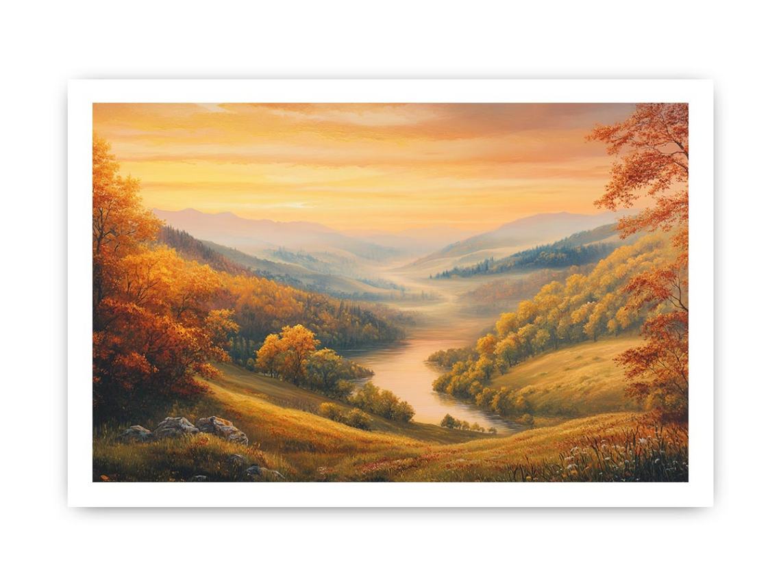 Golden valley landscape canvas art with river view for elegant living room decor.