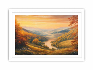 Golden valley landscape canvas art with river view for elegant living room decor.