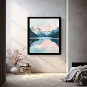 Minimal mountain lake canvas art for serene bedroom decor