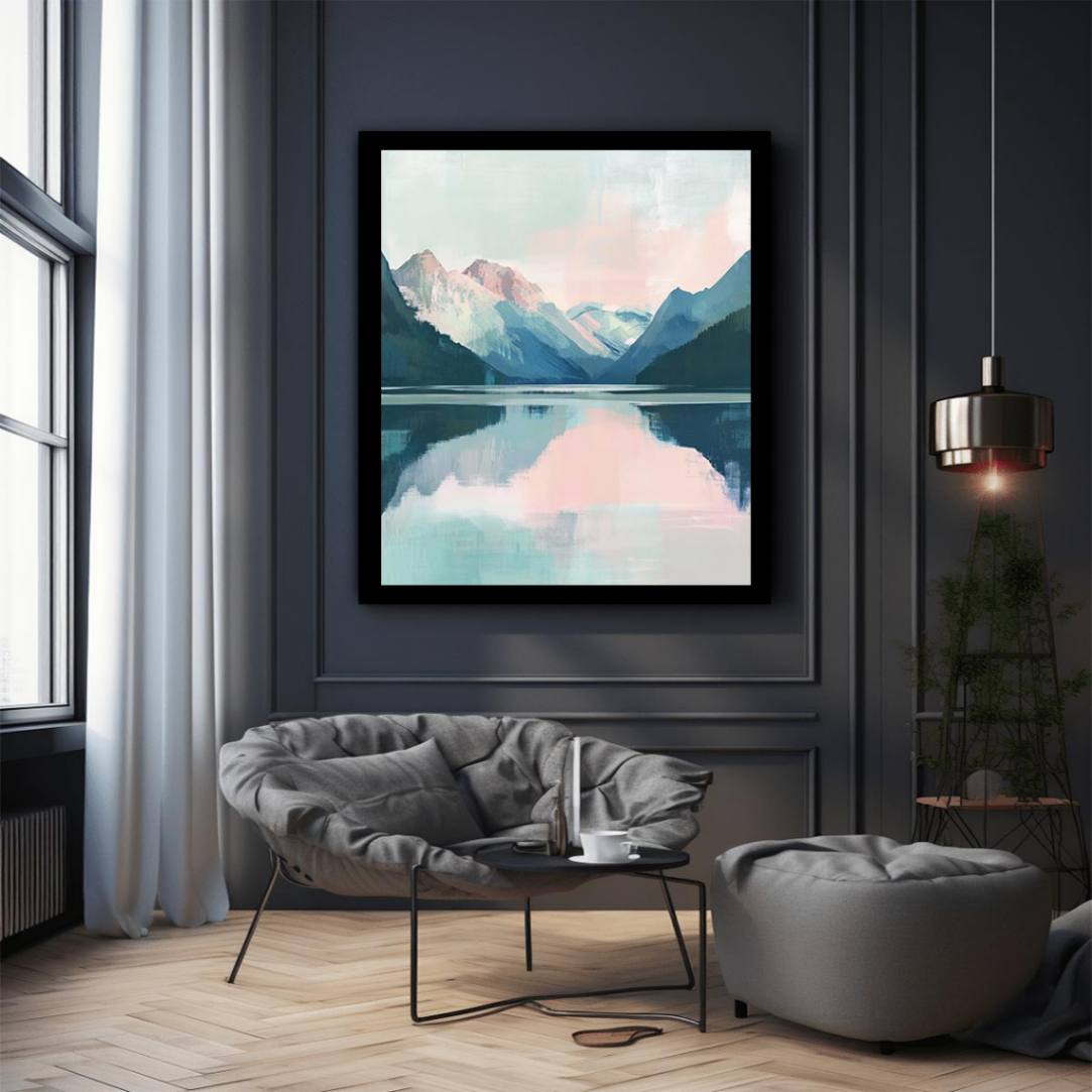 Minimal mountain lake canvas art for serene bedroom decor