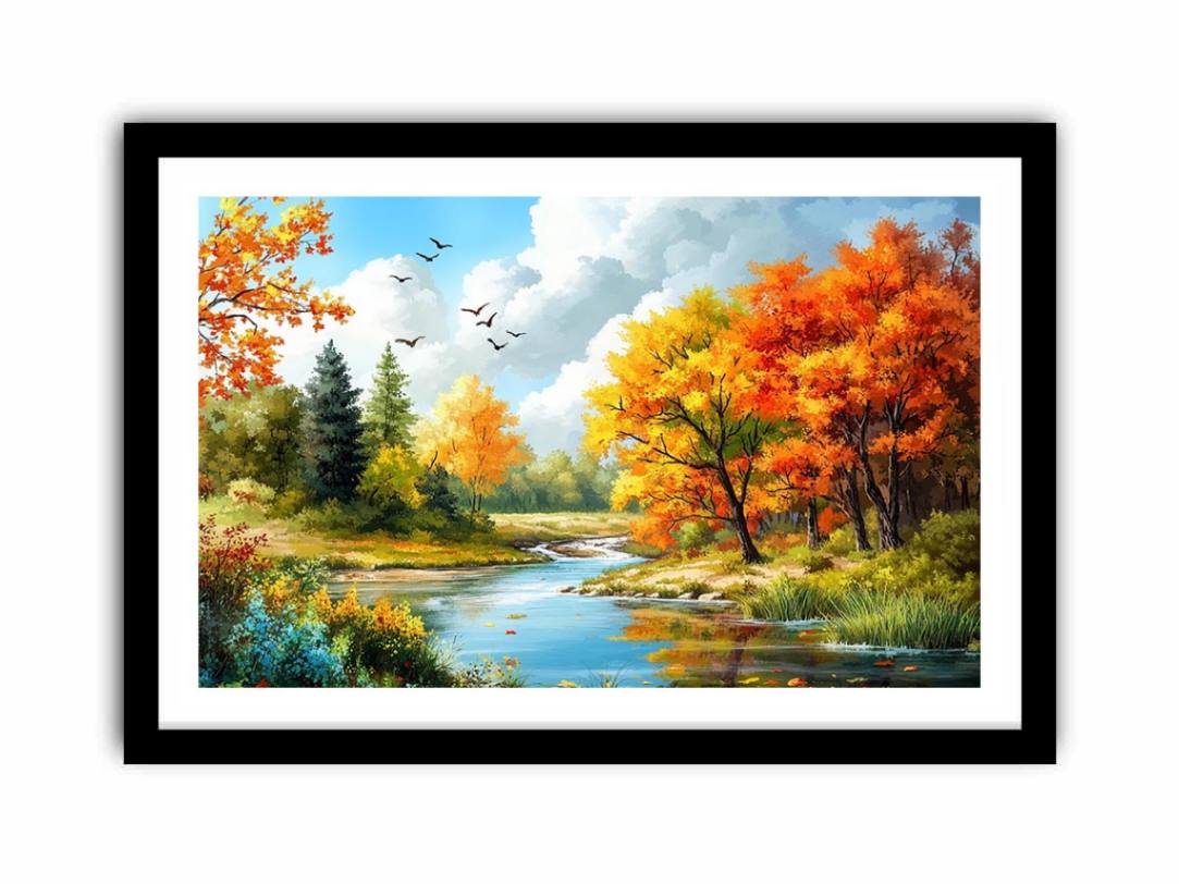 Autumn river landscape canvas art for living room decor