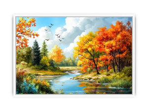 Autumn river landscape canvas art for living room decor