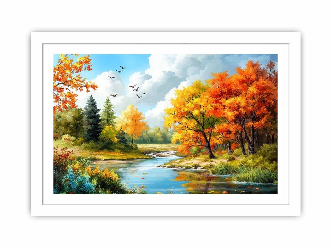 Autumn river landscape canvas art for living room decor