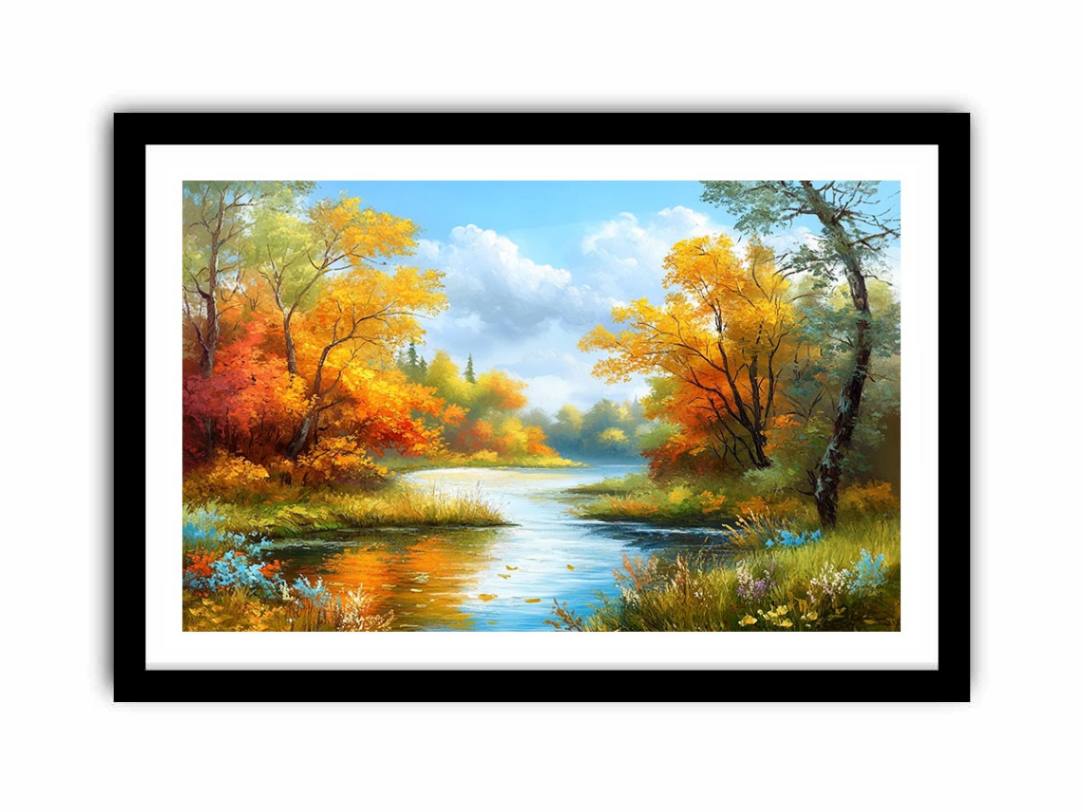 Autumn river and trees artwork for cozy bedroom decor