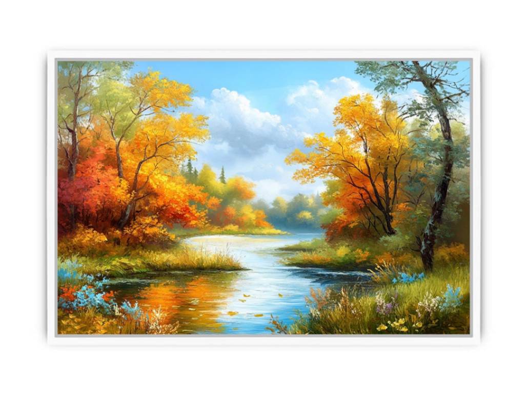 Autumn river and trees artwork for cozy bedroom decor