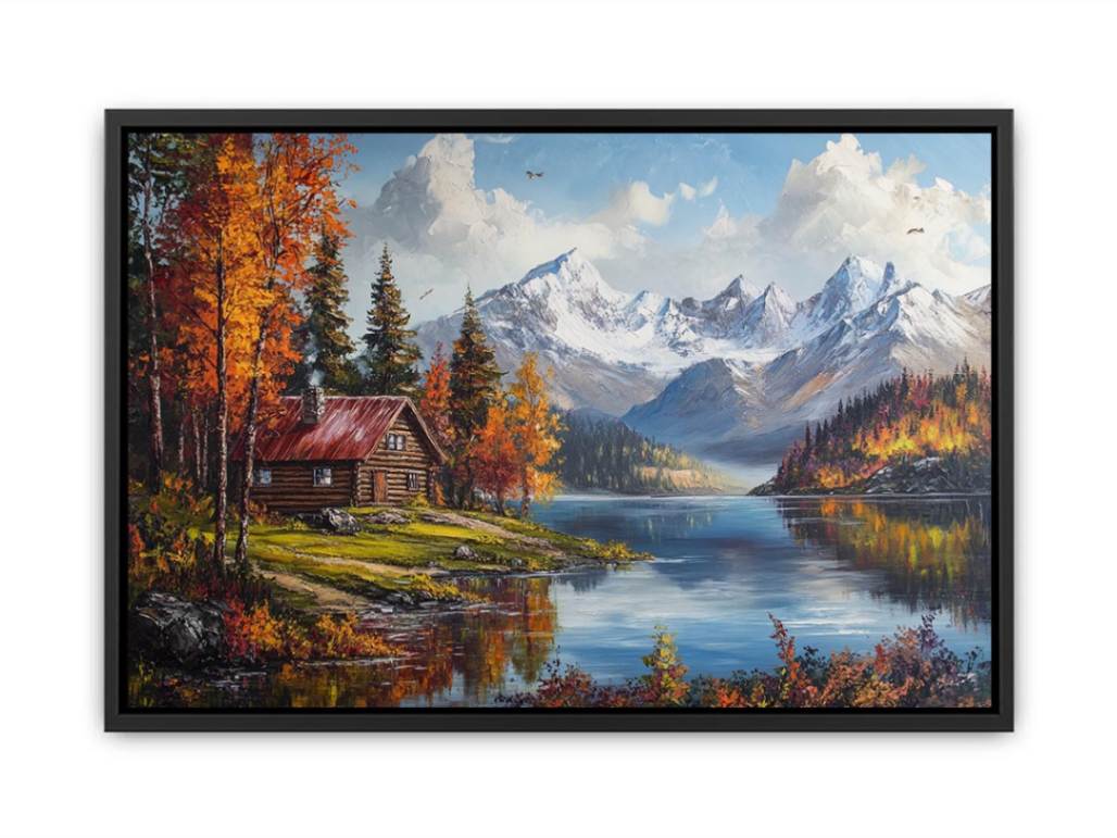 Mountain cabin lake artwork for rustic living room decor