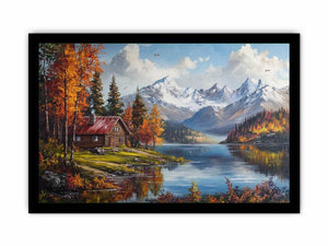 Mountain cabin lake artwork for rustic living room decor
