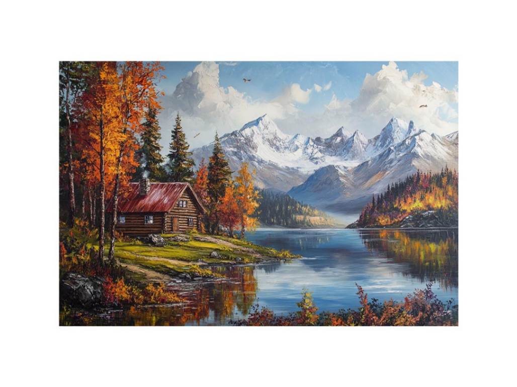 Mountain cabin lake artwork for rustic living room decor