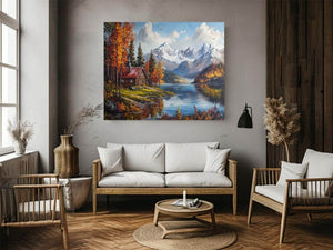 Mountain cabin lake artwork for rustic living room decor