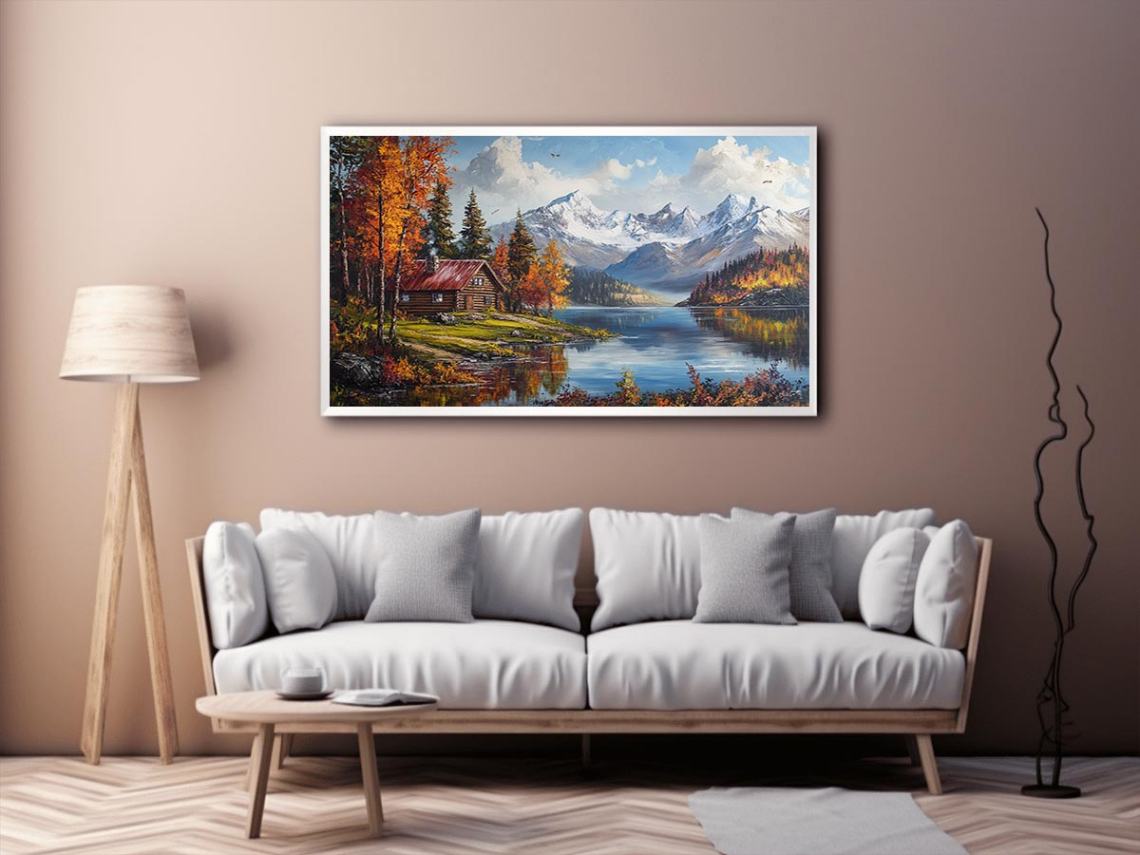 Mountain cabin lake artwork for rustic living room decor