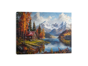 Mountain cabin lake artwork for rustic living room decor