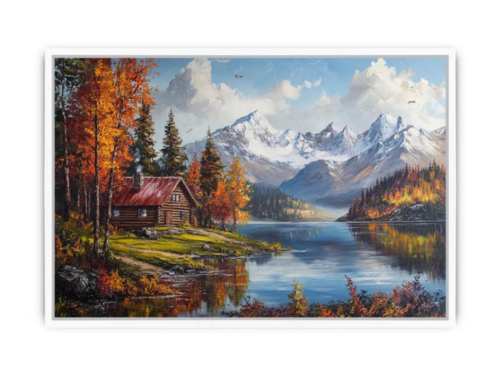 Mountain cabin lake artwork for rustic living room decor