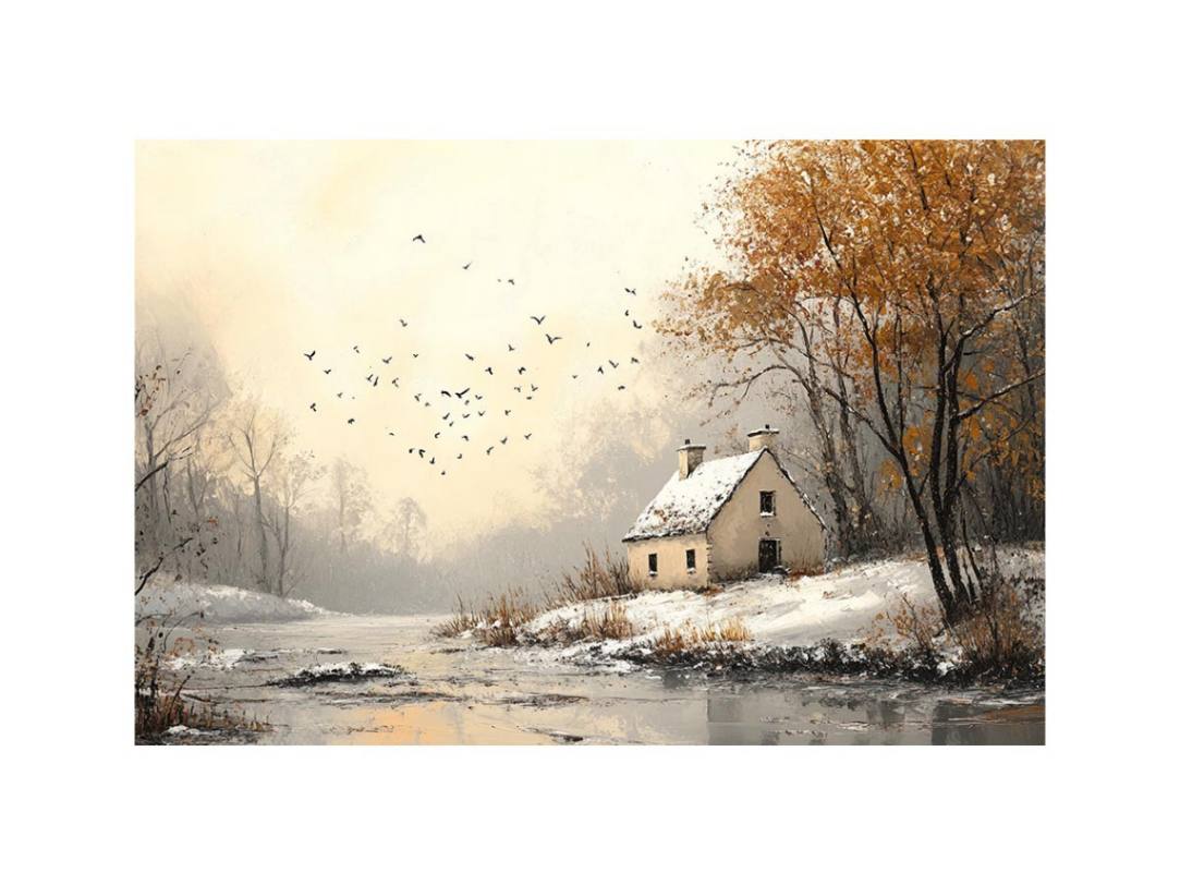 Winter cottage landscape canvas art for farmhouse living room decor