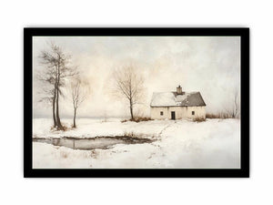 Minimal winter cottage artwork beside pond for serene bedroom decor