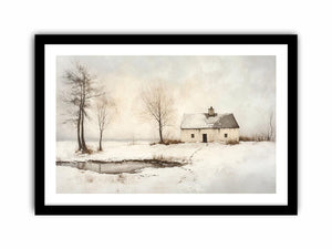 Minimal winter cottage artwork beside pond for serene bedroom decor