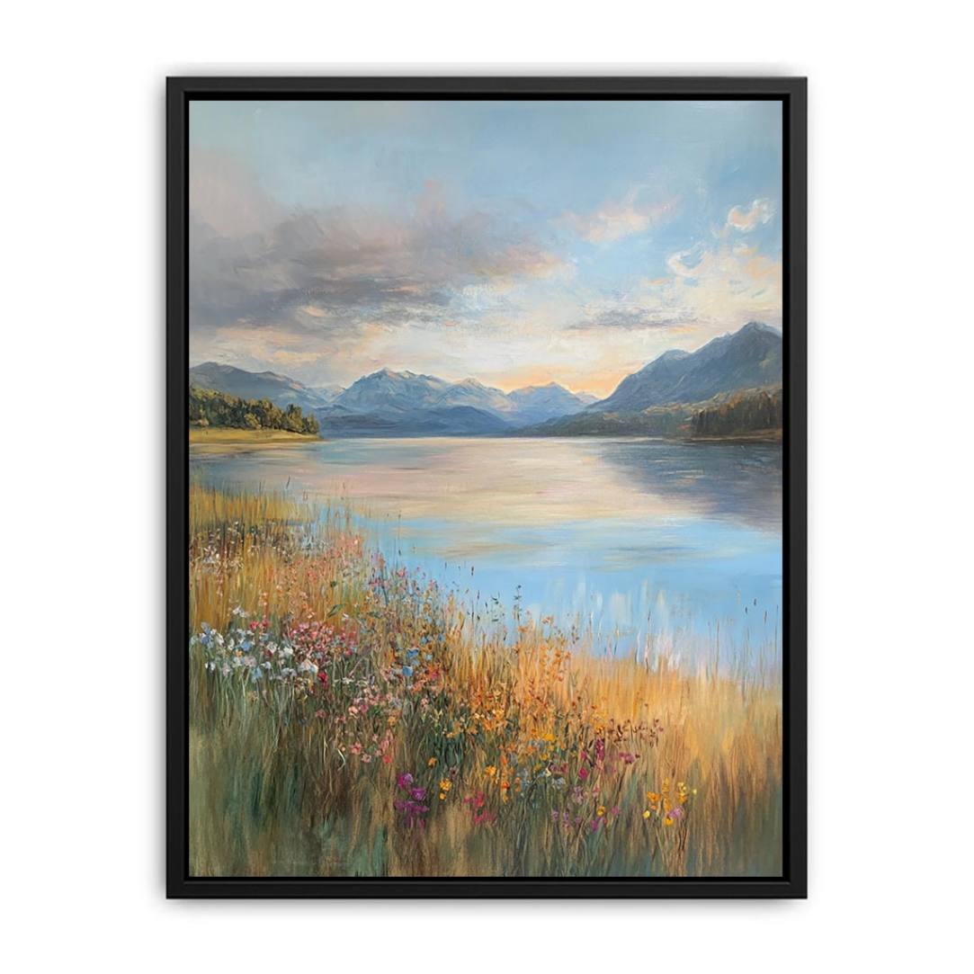 Mountain lake and wildflower landscape canvas art for living room
