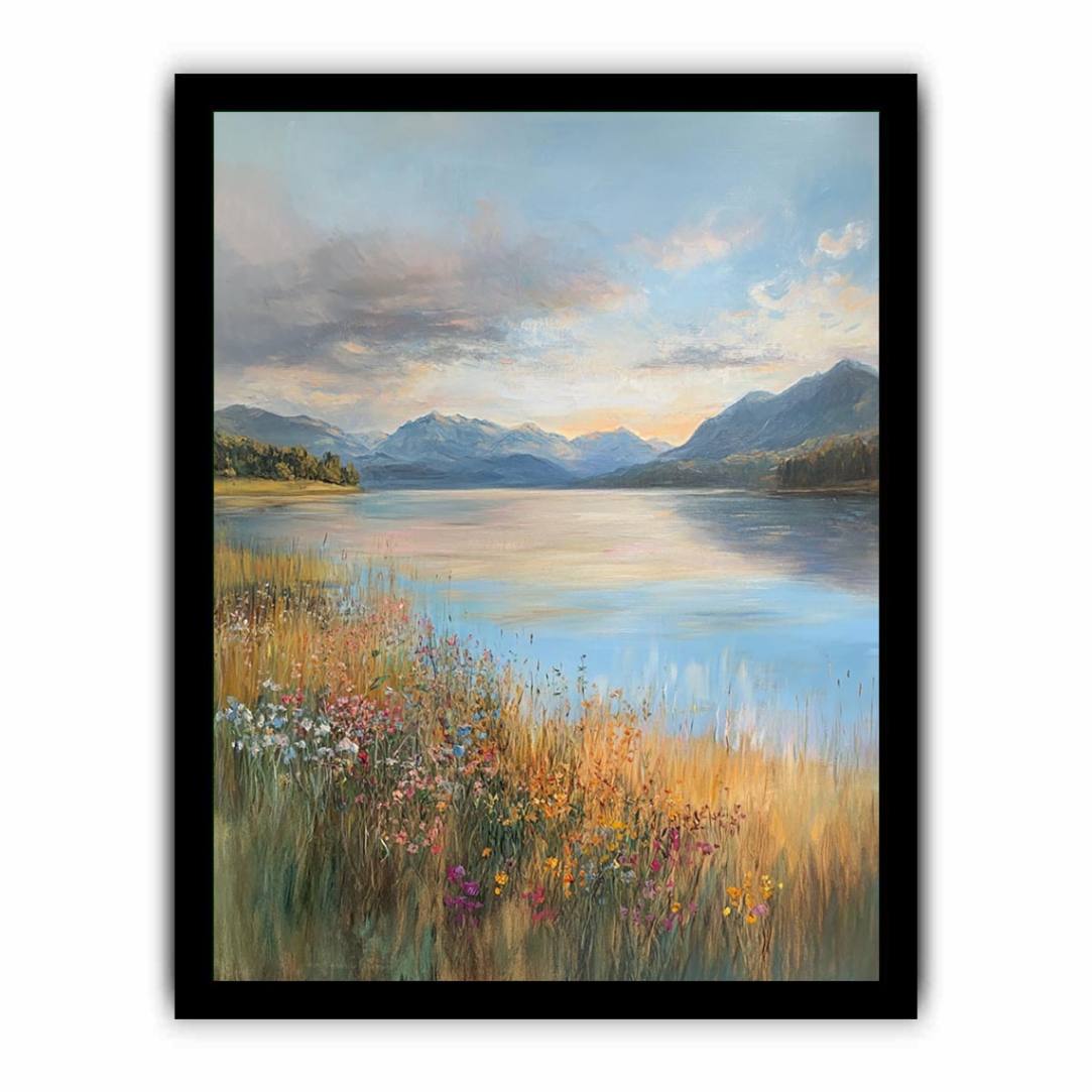 Mountain lake and wildflower landscape canvas art for living room