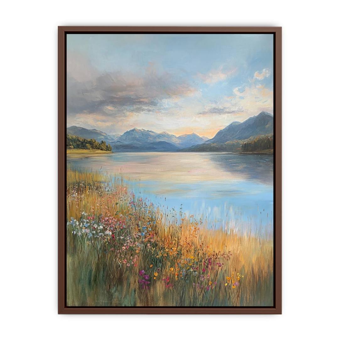 Mountain lake and wildflower landscape canvas art for living room