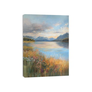 Mountain lake and wildflower landscape canvas art for living room