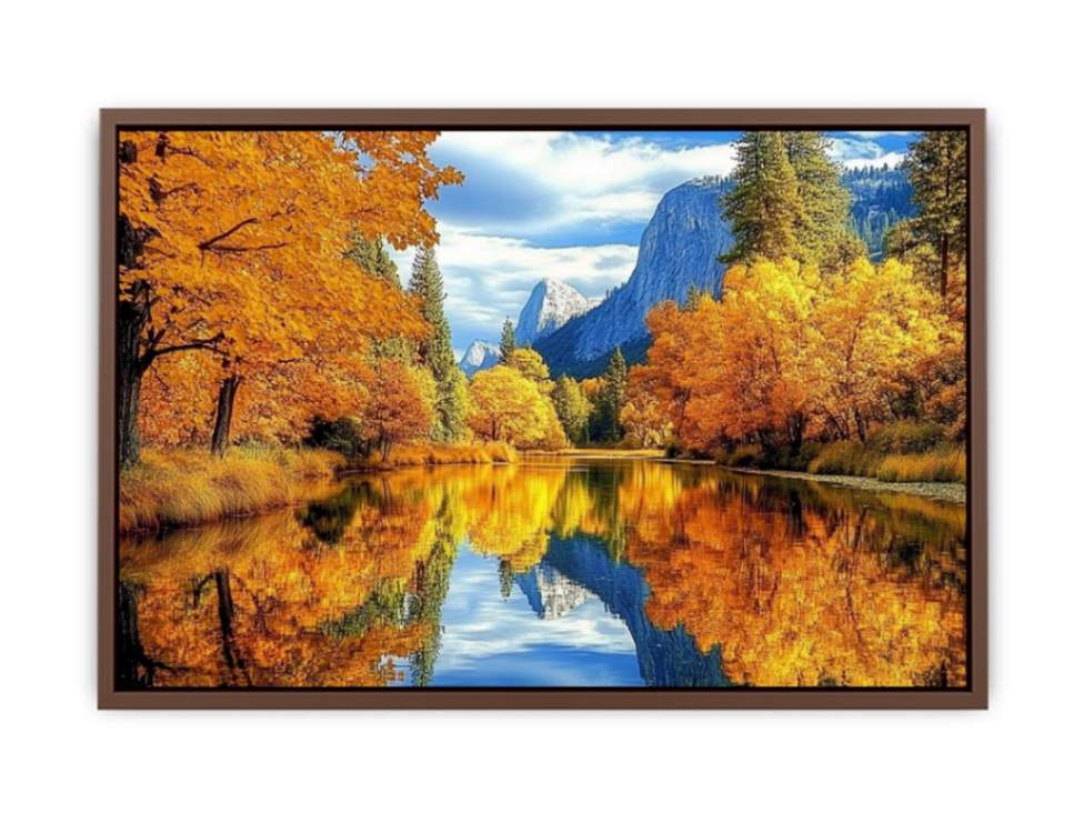 Autumn river reflection wall art for warm living room decor