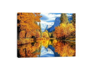 Autumn river reflection wall art for warm living room decor