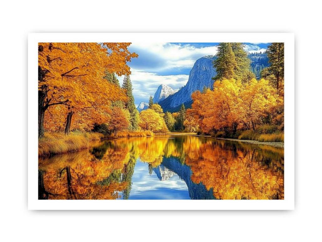 Autumn river reflection wall art for warm living room decor