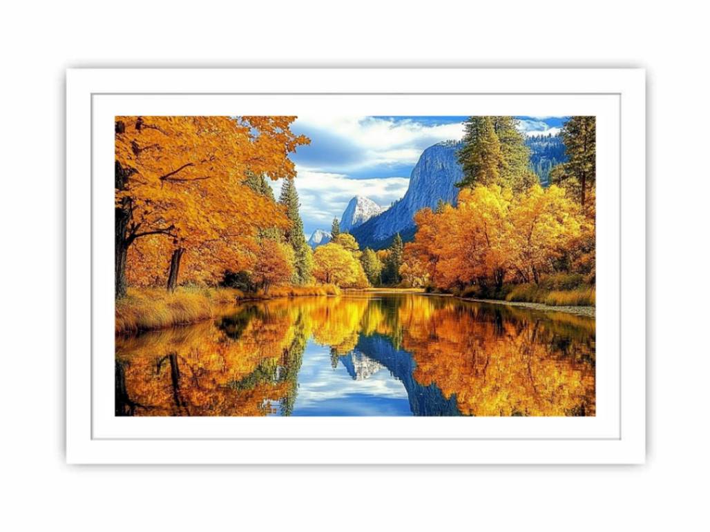 Autumn river reflection wall art for warm living room decor