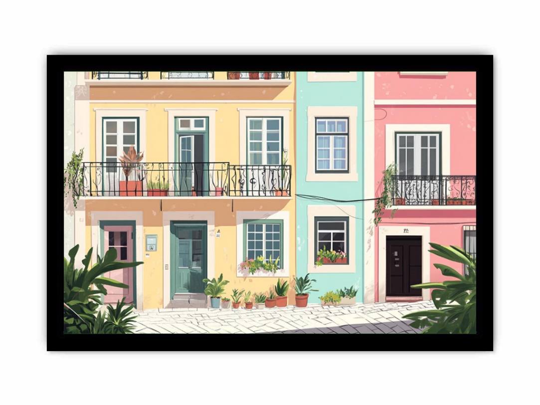 Pastel Mediterranean townhouse illustration with balconies and plants for living room decor