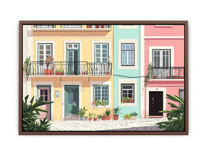 Pastel Mediterranean townhouse illustration with balconies and plants for living room decor
