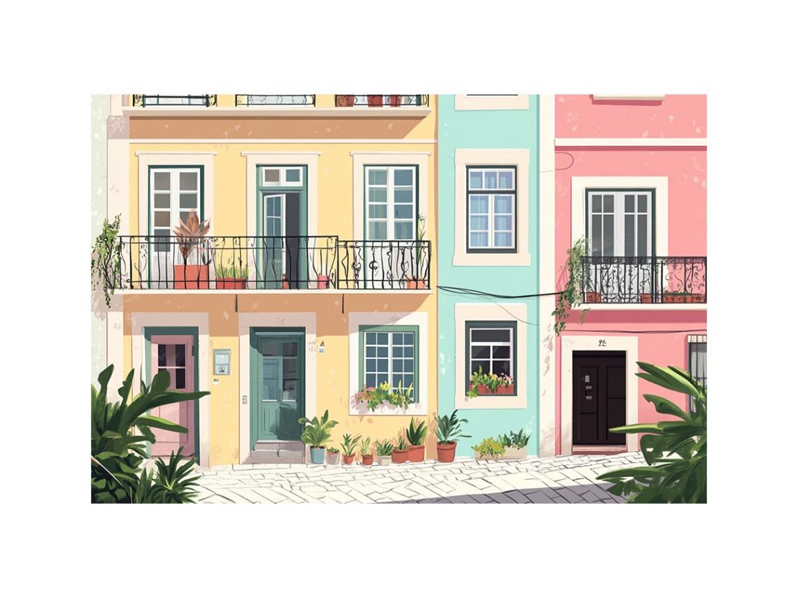 Pastel Mediterranean townhouse illustration with balconies and plants for living room decor