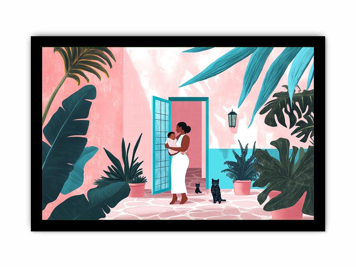 Modern tropical motherhood illustration with lush plants for nursery or bedroom decor
