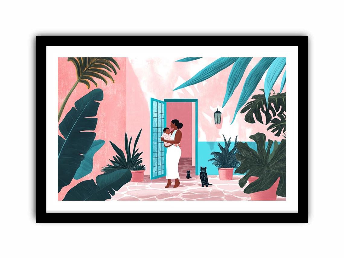 Modern tropical motherhood illustration with lush plants for nursery or bedroom decor
