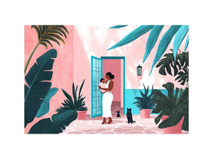 Modern tropical motherhood illustration with lush plants for nursery or bedroom decor