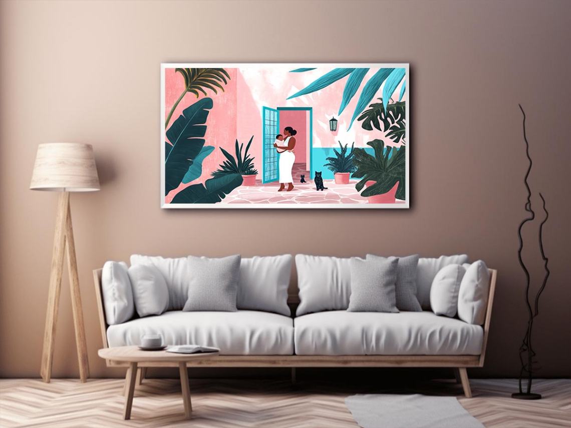 Modern tropical motherhood illustration with lush plants for nursery or bedroom decor