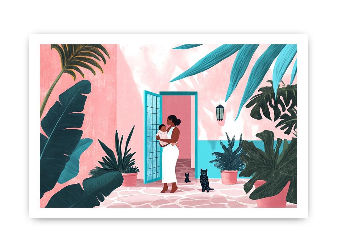 Modern tropical motherhood illustration with lush plants for nursery or bedroom decor