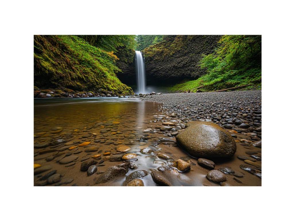 Forest waterfall landscape photography for peaceful living room or office decor